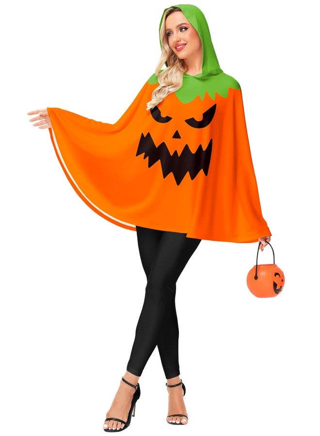 AOBUTE Womens Pumpkin Poncho With Hood Halloween Scary Jack O Lantern Costume Orange - Image 5